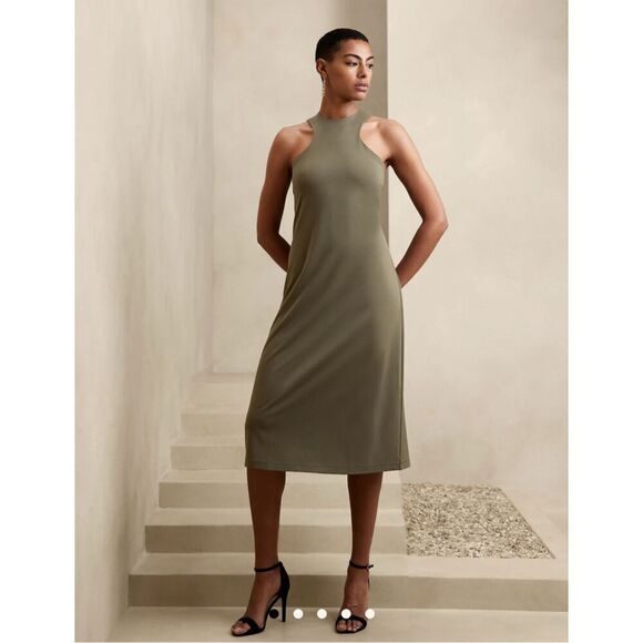 New! Banana Republic High Neck Cocoa Brown Racerback Jersey Knit Midi Dress, M - Picture 1 of 12